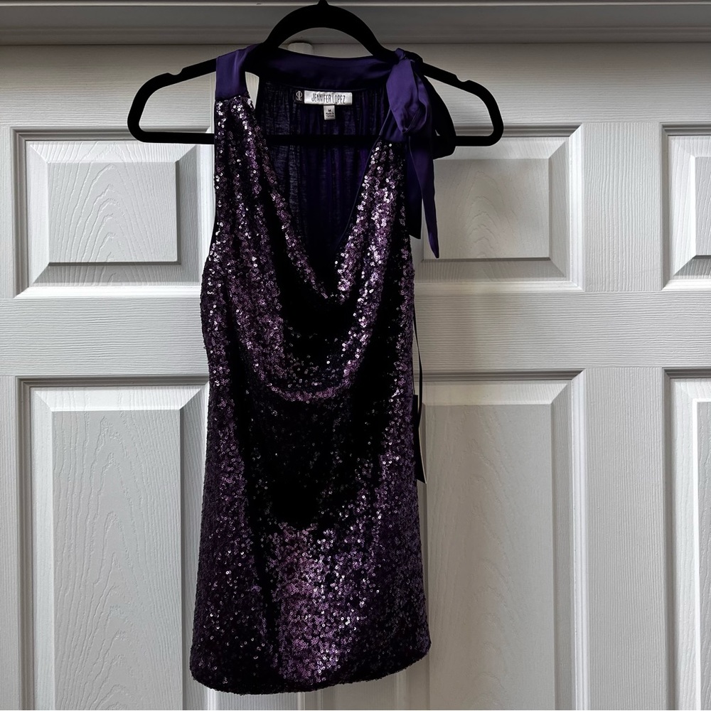 Jennifer Lopez Purple Cowl Neck Sequins Sleeveless Shirt, Size Medium, NWT